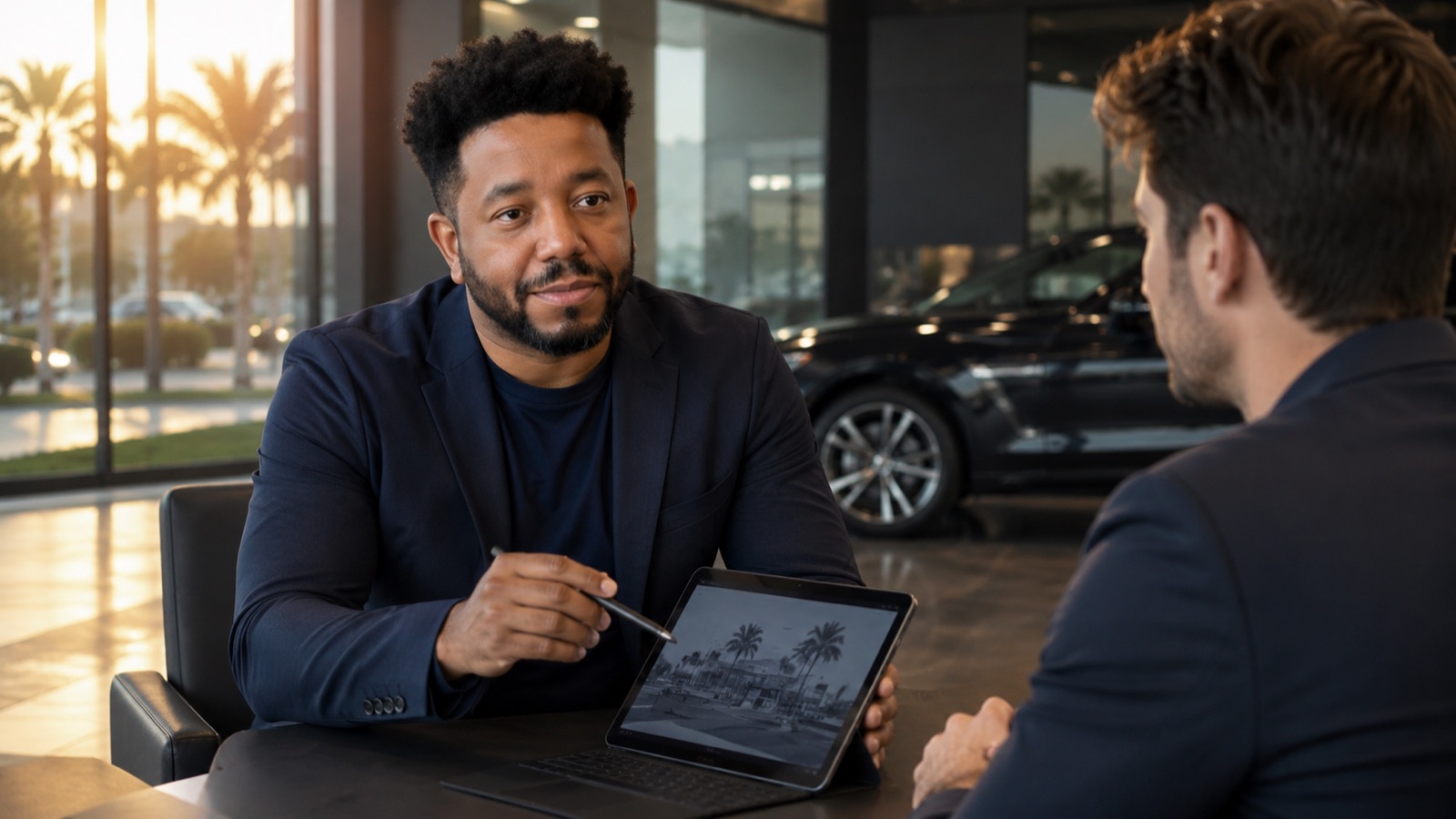 Conversa de apresentação da parceria com um interessado, com tablet